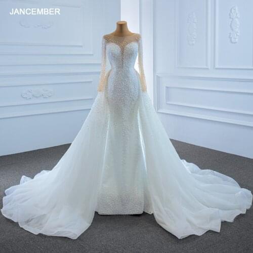 J67182 Jancember Wedding Dress 2020 Detachable Train O Neck Long Sleeve Sequined Pearls Abnehmbar Langarm Kleid свадебное платье