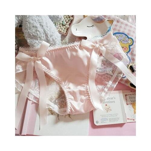 Kawaii Cute Sexy Girls Pink Lace Panties Briefs Womens Underwear Hollow Out Daily Wear Pantsu Big Bows Trim