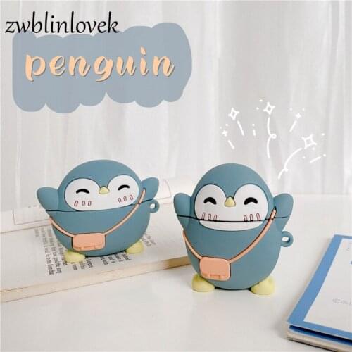 Cute penguin pattern bag protective cover non-slip silicone case with carabiner for airpods 1/2 headphones box accessories