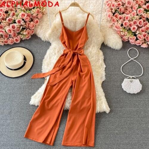 ALPHALMODA V-neck Suspender Jumpsuit Women 2021 New Summer Solid Slim High Waist Sashes Casual Pocket Wide Leg Jumpsuit