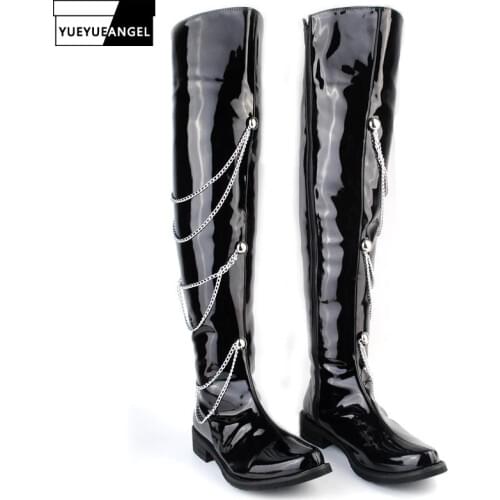 2020 New Rock Punk Style Stage PU Leather Chain Long Boots Men Fashion Black Over-The-Knee Motorcycle Boots Pointed Toe Shoes