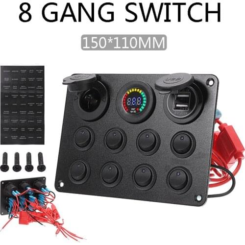 1pc 12V Car Marine Boat 8 Gang Circuit Breaker Toggle Switch Panel Dual USB Charger Cigarette Lighter For Car Boat RV Truck ATV