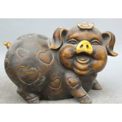 Fast shipping USPS to USA S2082 8" Chinese Bronze Gild Animal Zodiac Year Auspicious Pig flower Statue sculpture