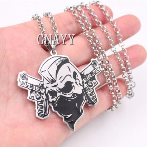 GNAYY Men Hip-Hop Jewelry Polished pure Stainless Steel ICP Skull double gun pendant necklace 4mm 30 inch rolo chain