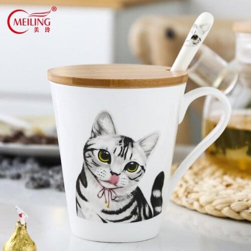 Short haired cat figure animal Coffee Cup Mug Set tableware with wooden Cat Bone cup porcelain wedding anniversary gift
