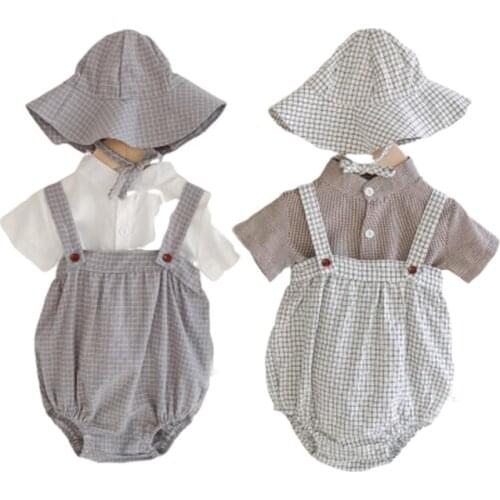 2020 Summer baby Cotton Jumpsuit Baby Boy Girl Jumpsuit Short sleeve shirt Plaid sling and Hat Three-piece childrens Jumpsuit
