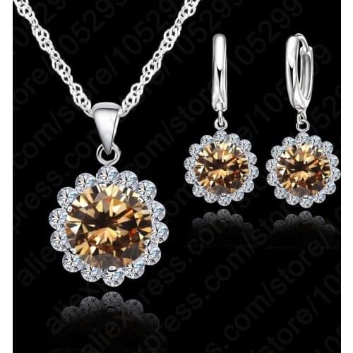 Wedding 925 Sterling Silver Jewelry Sets Women Round Crystal Pendant Necklace Earring Set Wholesale Price 7 Color Be Chose