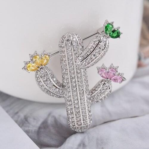 Korean New Simple Fashion Joker Cactus Micro-inlaid Zircon Brooch Female Atmospheric Corsage Pin Clothing Jewelry