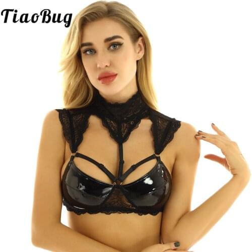 Women Pole Dance Crop Top Wet Look Patent Leather Lace Patchwork Lingerie Halter Neck Harness Backless Bustier Bra Top