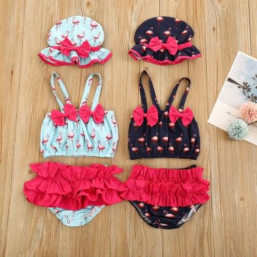 2021 Summer New Baby Girls 3 Piece Swimsuit Flamingo Printed Sling Bow Camisole Ruffled Hipster Infants Swimming Suit With Hat