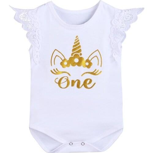 6-18 Month Baby Bodysuit Summer Sleeveless Romper 1st Birthday Party Cake Smash Lace Spliced Letter Print Baby Girls Bodysuit