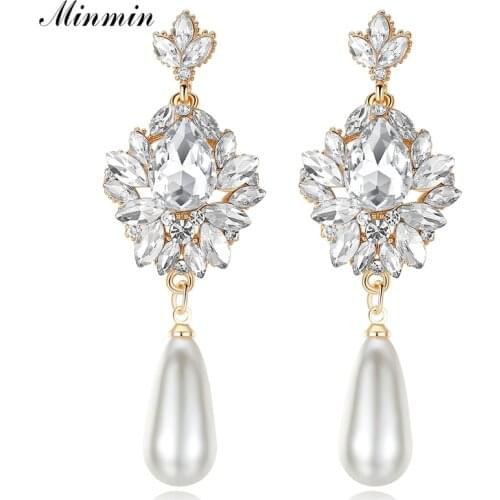 Minmin Elegant Simulated Pearl Earrings for Women Big Teardrop Crystal Long Dangle Earrings 2019 Fashion Wedding Jewelry MEH1022