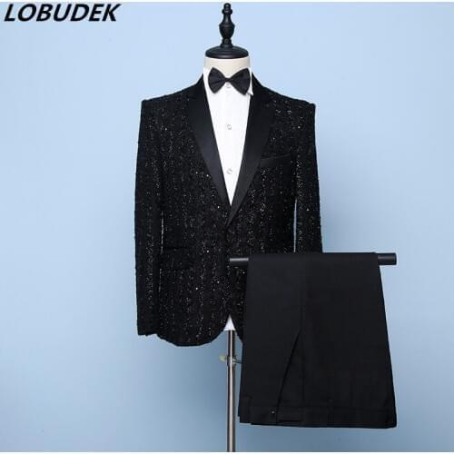Mens Black Formal Suits Fashion Stripe Blazer Tuxedo 2 Pieces Wedding Groom Banquet Evening Party Singer Host Stage Costume