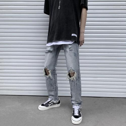 2020 Summer Mens Big Hole Stretch Slim Fit Wash Jeans Fashion Trend Casual Pants Hip Hop Style Trousers Plus Size M-2XL