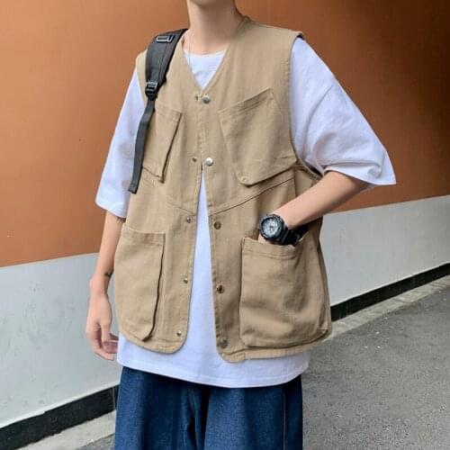 #1510 Summer Sleeveless Men Vest Pockets Casual Loose Clothes Vintage Safari Style Thin Tops Black Khaki Streetwear Vest Men