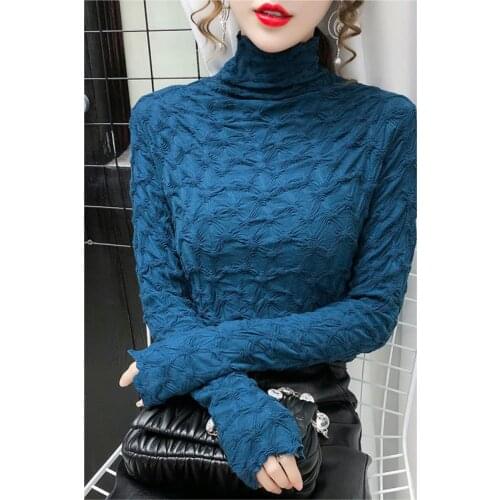 New high-neck lace womens long-sleeved autumn and winter thick mesh top T-shirt