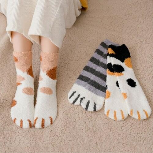 New Cute Thick Warm Sleeping Socks Female Tube Socks Autumn And Winter Cat Claws Plush Coral Fleece Socks Girl 1 Pair