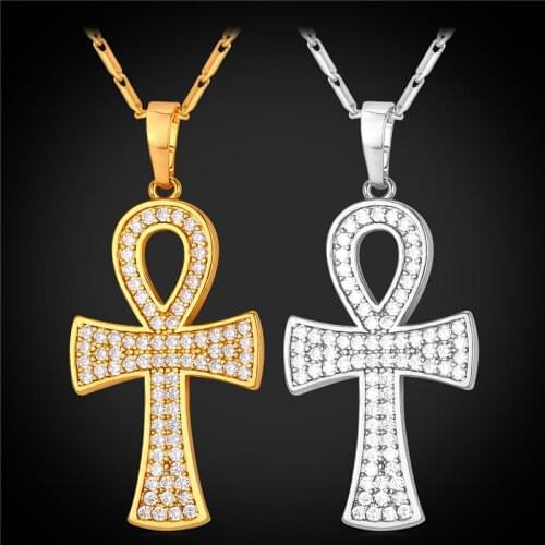 New Ankh Egyptian Cross Necklace & Pendant Women Trendy Yellow Gold Color Crystal Key of the Nile Cross Amulet Jewelry P2354