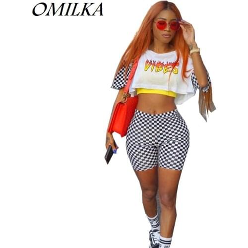 OMILKA 2017 Hot Summer Women Letter Plaid Printed Crop Tops anf Shorts Set Casual Hollow Out Harajuku 2 Piece Clothing Set