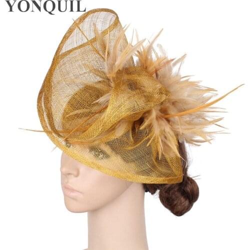 Gold Derby Kentucky Millinery Sinamay Fascinators Headband With Plump Feather Red Cocktail Hat Melbourne Cup Hair Clips MYQ032