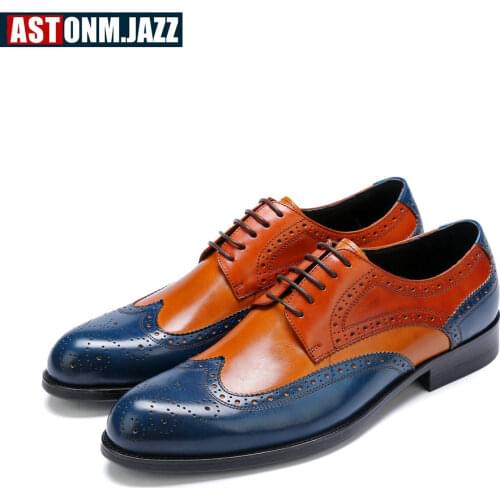 Recommend !! Big Size 11 12 Men Genuine Leather Shoes Lace Up Mixed Color Oxfords Business Man Craved Dress Wedding Shoes
