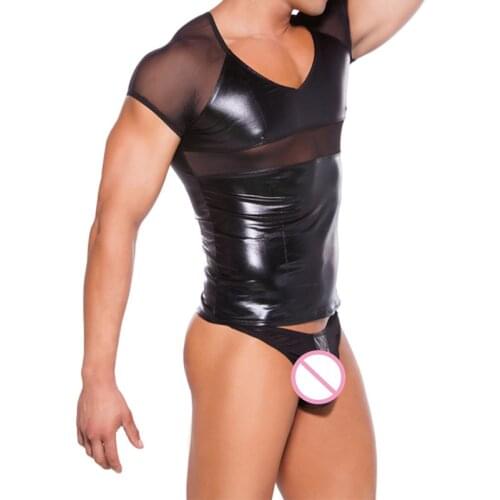 Sexy Men Vinyl Lingerie Set Black Faux Leather Short Sleeve Tank Top Low Waist G-String Underwear Set Male Erotic Lingerie