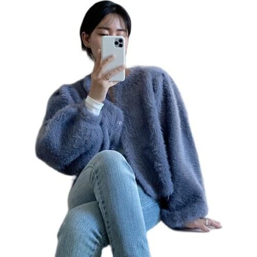 Chic Cashmere Warm Short Sweater Carigans Korean Style Casual Solid O-neck Long Sleeve Knitwear Winter Women Clothes Fashion