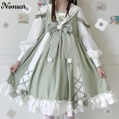 NONSAR Cute College Style Solid Color Dress Cardigan Meow Claw OP Japanese Soft Girl Sleeves Classical Side For Women