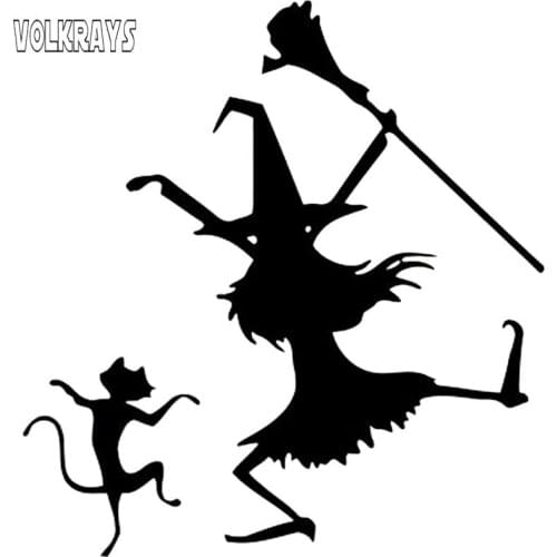 Volkrays Funny Car Sticker Dance Witch and Cat Styling Accessories Reflective Waterproof Vinyl Decal Black/White,14cm*13cm