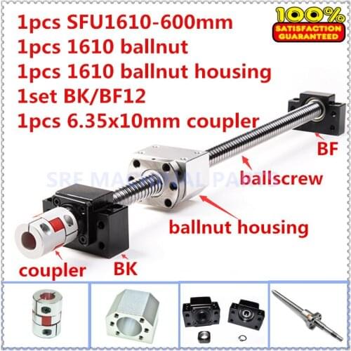 Rolled Ballscrew 1610 sets:1pcs SFU1610 L=600mm with ballnut +1pcs ballnut housing+1set BK/BF12 end support+1pcs shaft coupler