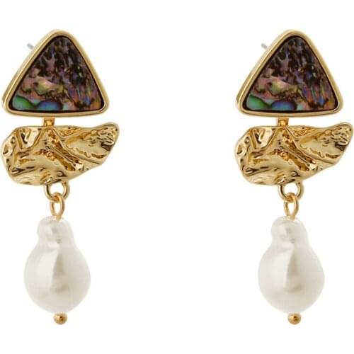 Light Yellow Gold Color Layer Geometric Shape Abalone Shell and Pearls Stud Earrings for Anniversary Gift Jewelry