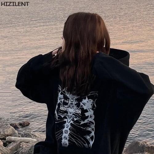 Spring Streetwear Black Tops Skeleton print Grunge Gothic Oversized Hoodie Streetwear Womens hip-hop Y2K High Street Sweatshirts