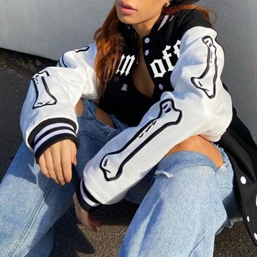 Women Letter bomber jacket Breasted Patchwork Oversize Jacket Korean Style Harajuku Loose Coat Baseball Uniform pattern Single