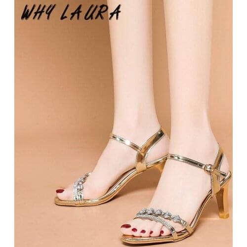 Genshuo Ladies Diamond Chain Sandal Ankle Belt High Heels Sandal Summer Gladiator Shoes Woman Thick Heel Woman Open Toe Party Dr