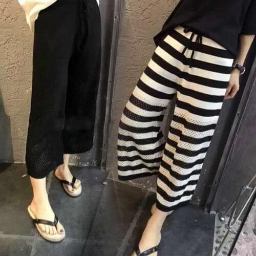 2021 New Women Loose Wide Leg Pants Summer High Waist Hollow Black Trousers Casual Drawstring Pant Pantalones De Mujer Y855