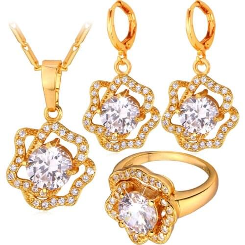 Collare Cubic Zirconia Wedding Jewelry Sets For Women Gold/Silver Color Rose Flower Earrings Ring Necklace Sets S101