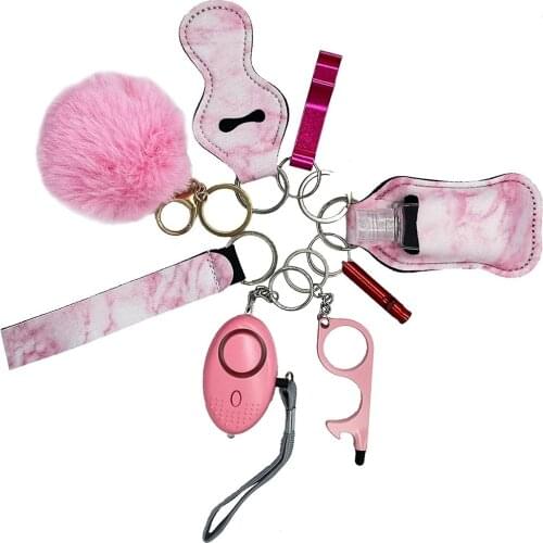 Safety Keychain Set for Woman Self Defense Genshin Impact Alarm Pom and Lip Balm Lanyard Wirstlet Trinket Sailor Moon Gift