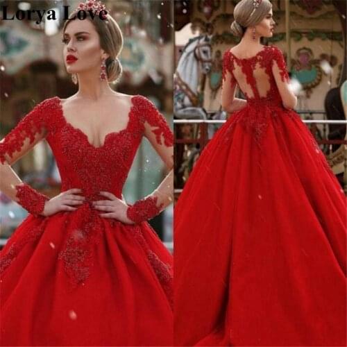 Red Ball Gown Formal Evening Dresses 2021 Women Elegant Robe De Soiree Long Sleeves Satin Lace Appliques Prom Long Maxi Dress