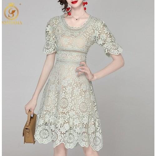 SMTHMA Lace Hollow Out Summer Dress For Women O-Neck Short Sleeve High Waist Mermaid Dresses Female New Fashion Clothes