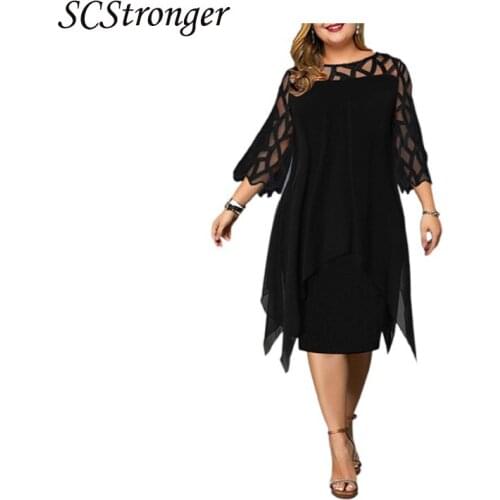 SCSTRONGER Summer Plus Size Stitching Party Dress Round Neck Shiny Mesh Chiffon Three Quarter Sleeves Skirt Large Size Dresses