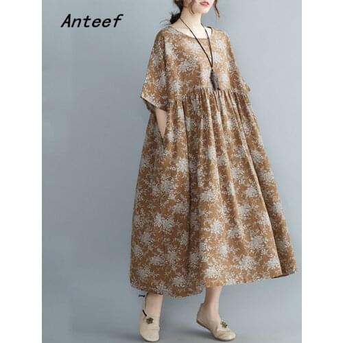 Short sleeve cotton vintage floral dresses for women casual loose long woman summer dress elegant clothes 2021
