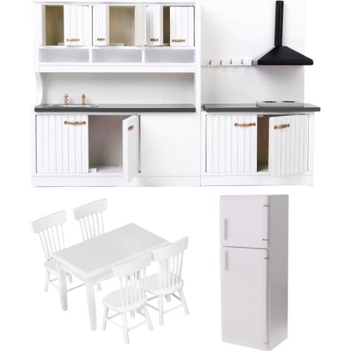1/12 Doll House Miniatures Kitchen Dining Room Furnitures Fridge Refrigerators Table Chair Model Kids Gift