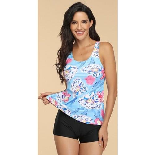 2021 New Womens Swimsuit Fashion Conservative Blue Flower Print Lady Split Swimsuit Black Boxers SW364