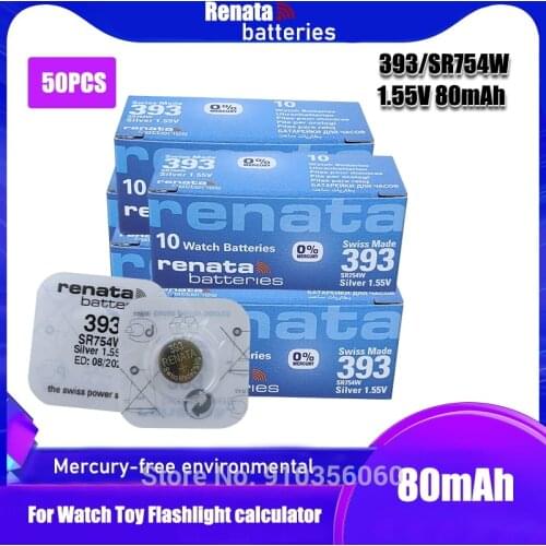 50PCS Renata Watch Battery 1.55V 393 SR754W 754 Silver oxide Button Coin Cell Batteries MADE IN Swiss