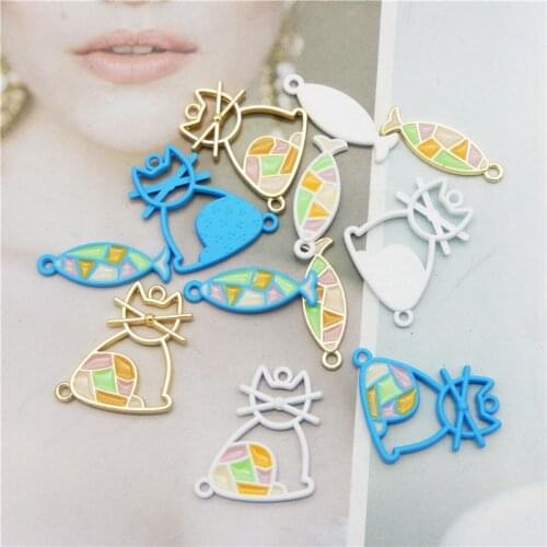 Julie Wang 6PCS Enamel Cat Fish Charms Mixed Spray-painted Animal Connector Pendant Bracelet Earrings Jewelry Making Accessory