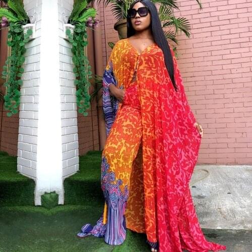 African Clothing For Women Bazin Sets Long Dresses And Loose Pants Print Stripe Colorful Summer Casual Suit Nigeria Party Sexy