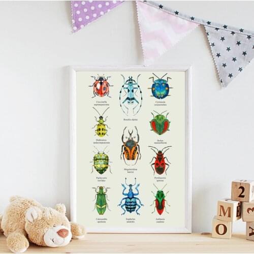 Watercolor Colorful Beetles With Latin Names Canvas Art Poster Prints Nature Education Wall Art Canvas Painting Kids Room Decor