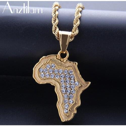 AZ Gold Color Africa Map Hip Hop Pendant Chain Necklace 316L Stainless Steel With Bling Rhinestone Necklace for Men’s Necklace