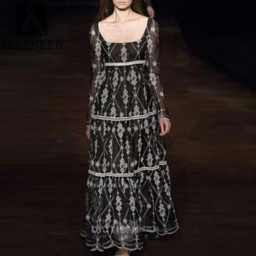 Black Runway Fashion Women 2021 Spring Long Sleeve Slash Neck White Floral Print Hollow Out Plus Size Dress Party