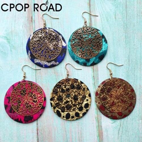 Cpop Round Animal Print Leather Earrings for Women Cowhide Hair on Color Printing Metal Accessories Statement Leather Jewelry